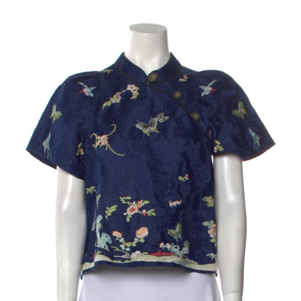 ISO Sea New York Butterfly Garden Floral Top in Linen Silk